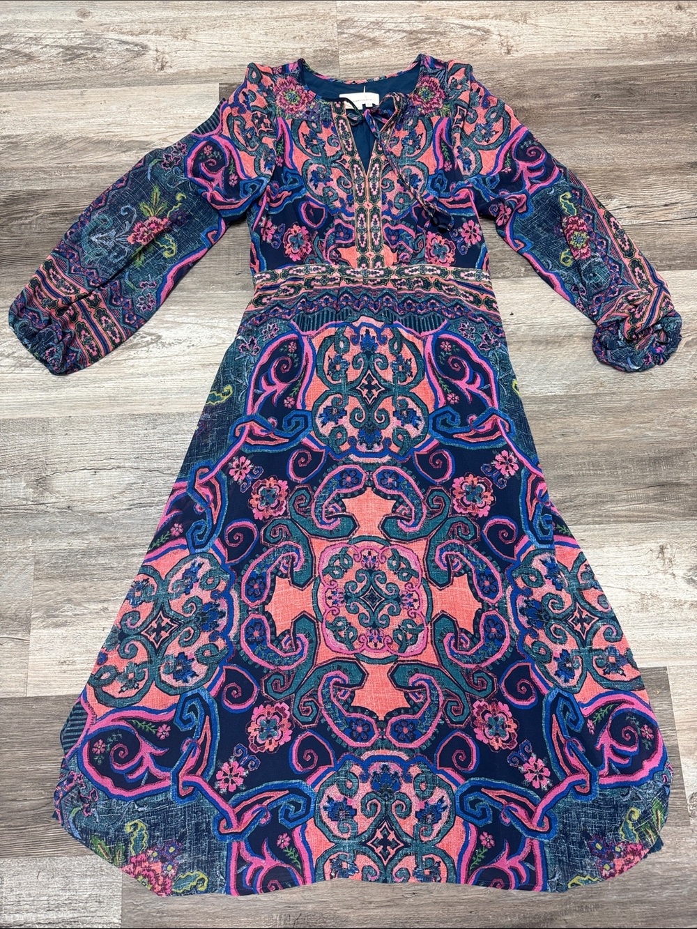 Anthropologie Navy & Pink Long-Sleeve Printed Midi Dress